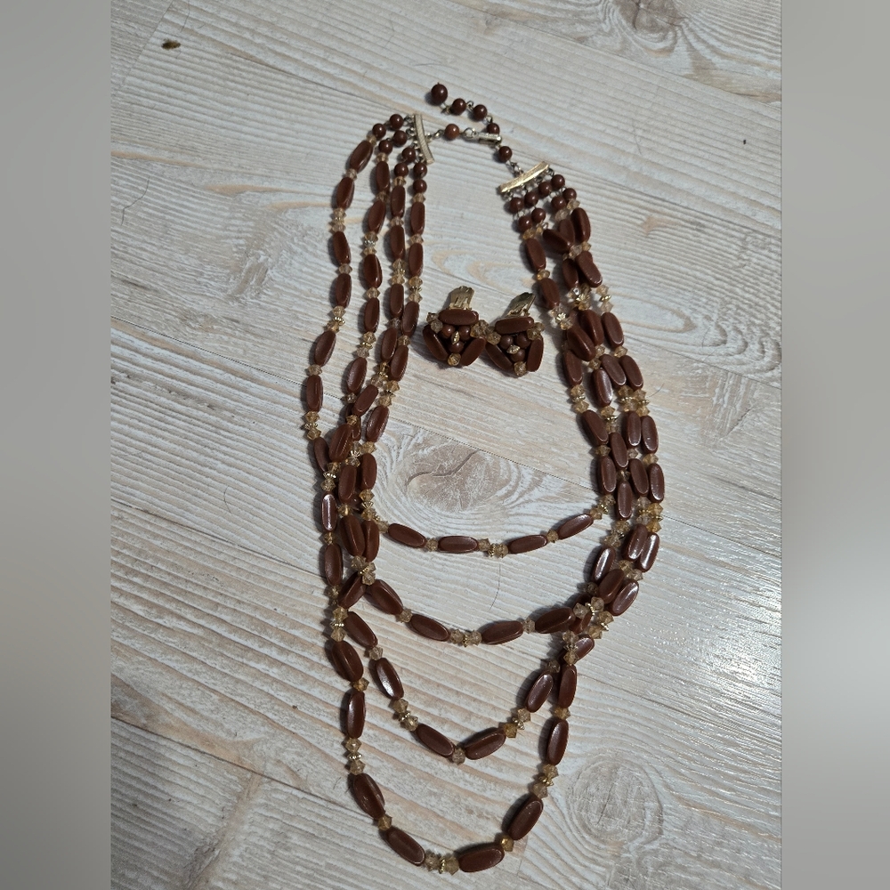 Vintage Multi-Strand Beaded Necklace & Clipon Earrings